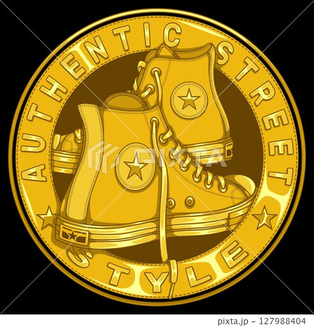 Circular logo with sport shoe for skaters 127988404