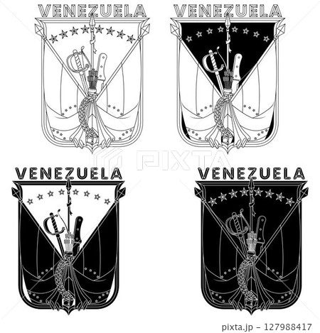 Venezuela flags with weapons framed with a shield Venezuela flags with weapons framed with a shield 127988417