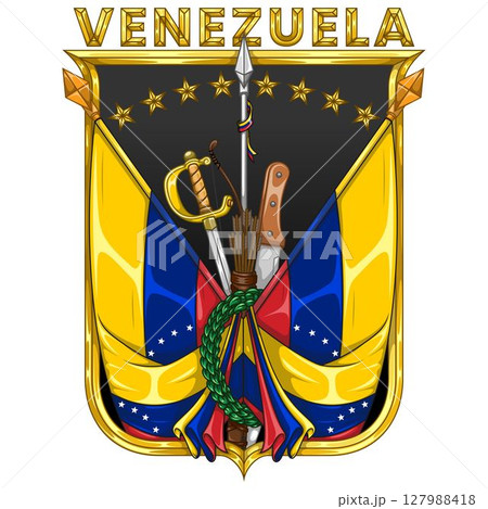 Venezuela flags with weapons framed with a shield 127988418