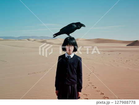 孤独に耐え、独り砂漠に立つ少女。カラスだけが彼女の孤独を埋めてくれる 孤独に耐え、独り砂漠に立つ少女。カラスだけが彼女の孤独を埋めてくれる 127988778