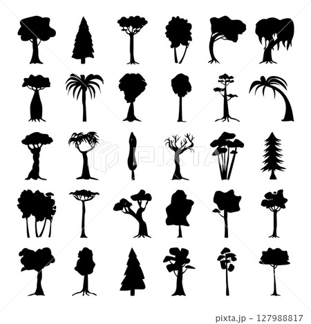 Seth black silhouettes of trees from different climatic zones on a white background - Vector 127988817