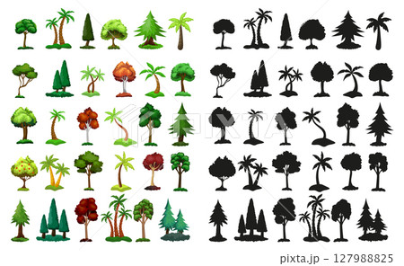 Seth black silhouettes and realistic trees from different climatic zones on a white background - Vector Seth black silhouettes and realistic trees from different climatic zones on a white background - Vector 127988825
