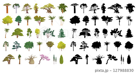 Seth black silhouettes and realistic trees from different climatic zones on a white background - Vector 127988830
