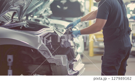 Auto body repair technician working on vehicle restoration 127989162