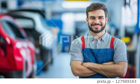 Auto body repair technician posing confidently in workshop during busy workday 127989163