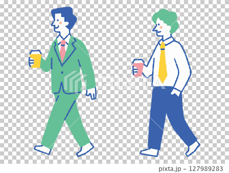 コーヒーを持ってビジネス街を歩く男性_色 127989283