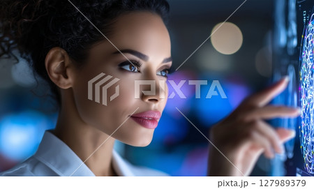 Businesswoman touching futuristic glowing data analyzing interface, analyzing big data connections, working late at night in high tech office,Businesswoman 127989379