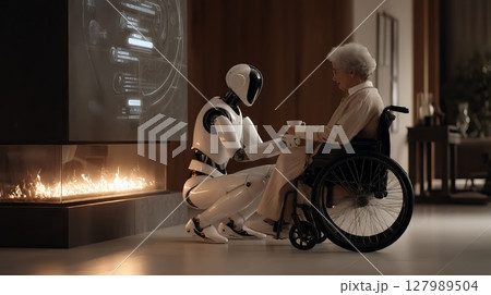Robotic assistant serving tea to elderly woman in high tech living space, highlighting technological support for senior independence and comfort 127989504