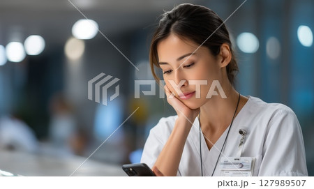 Worried female healthcare worker reviewing distressing smartphone message, leaning against hospital wall with weary expression 127989507