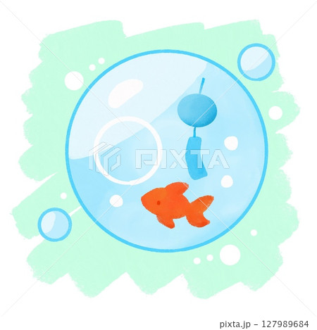 涼を感じる夏|金魚鉢と風鈴の風景 涼を感じる夏|金魚鉢と風鈴の風景 127989684