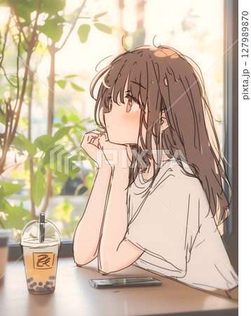 カフェの窓辺でタピオカドリンクとともに考え事をしている女性 カフェの窓辺でタピオカドリンクとともに考え事をしている女性 127989870