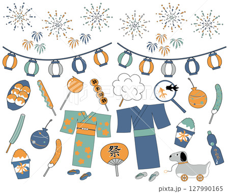 夏祭りイラストセット くすみカラー オレンジ 夏祭りイラストセット くすみカラー オレンジ 127990165