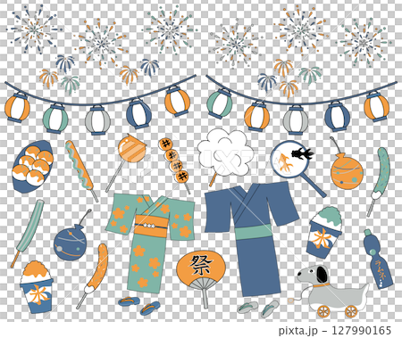 Summer festival illustration set, dull colors, orange Summer festival illustration set, dull colors, orange 127990165