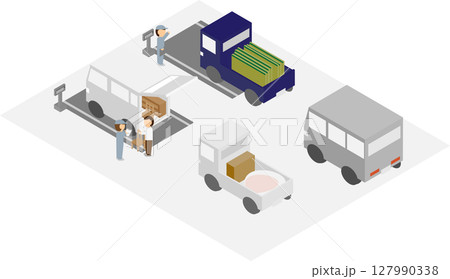 アイソメトリックなゴミの持ち込みを行っている人と対応するスタッフのイメージ素材 127990338