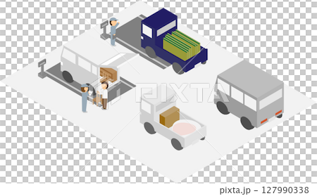 アイソメトリックなゴミの持ち込みを行っている人と対応するスタッフのイメージ素材 127990338
