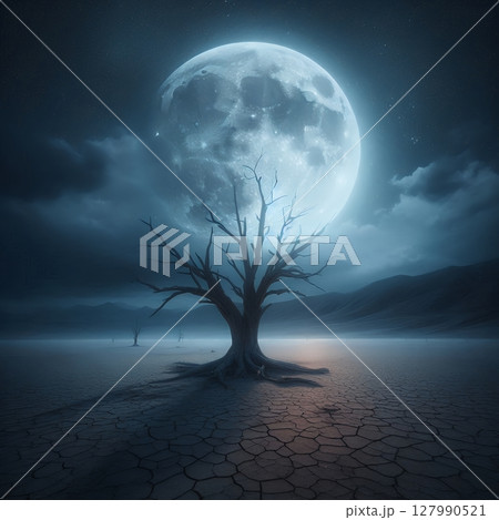 Surreal Nightscape with Full Moon in a Cracked Desert with Generative AI. 127990521