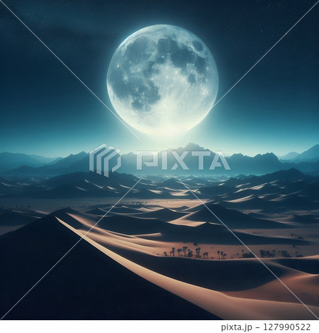 Surreal Nightscape with Full Moon in a Cracked Desert with Generative AI. 127990522