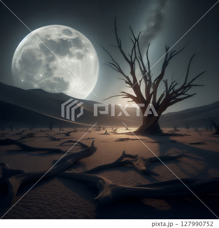 Surreal Nightscape with Full Moon in a Cracked Desert with Generative AI. 127990752