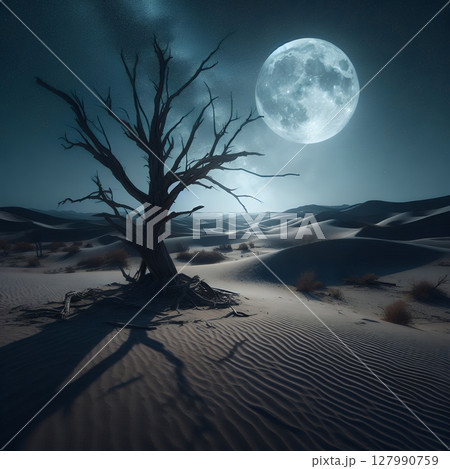 Surreal Nightscape with Full Moon in a Cracked Desert with Generative AI. 127990759