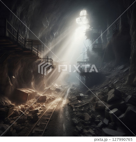 Abandoned Industrial Mine Tunnel with Moody Lighting and Reflections with Generative AI. 127990765