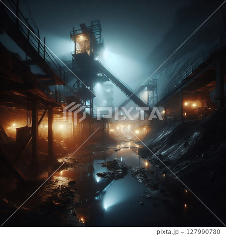 Abandoned Industrial Mine Tunnel with Moody Lighting and Reflections with Generative AI. Abandoned Industrial Mine Tunnel with Moody Lighting and Reflections with Generative AI. 127990780