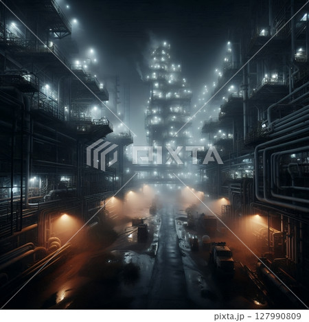 Industrial Refinery Complex Illuminated at Night with Atmospheric Fog with Generative AI. 127990809