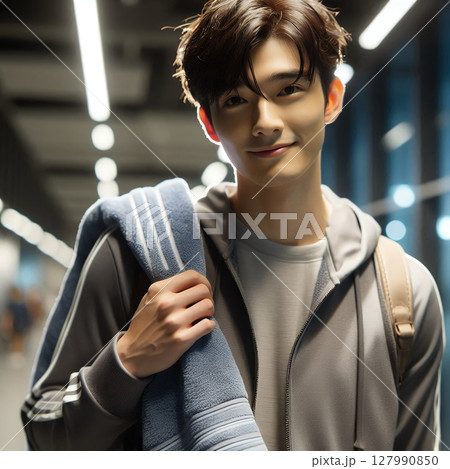 Young Asian Man Smiling in Gym with Towel Over Shoulder for Active Lifestyle and Fitness Motivation with Generative AI. 127990850