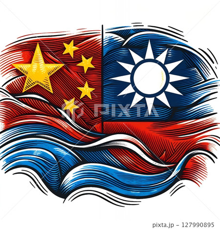 China and Taiwan Conflict Concept Illustration in Political Tension Depicted Through Abstract Flag Art and Waves with Generative AI. 127990895