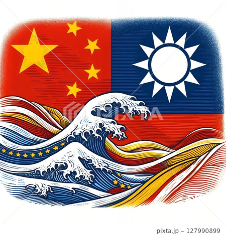 China and Taiwan Conflict Concept Illustration in Political Tension Depicted Through Abstract Flag Art and Waves with Generative AI. 127990899