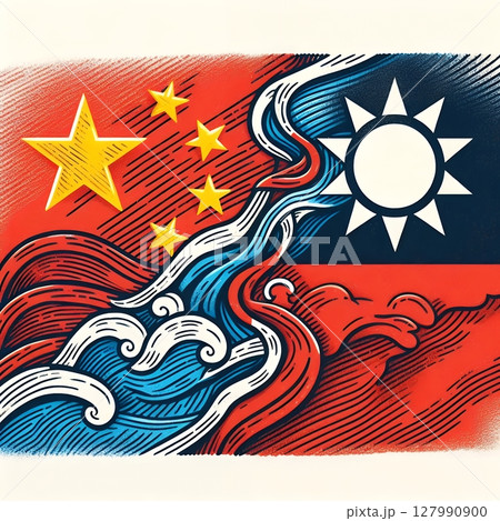 China and Taiwan Conflict Concept Illustration in Political Tension Depicted Through Abstract Flag Art and Waves with Generative AI. 127990900