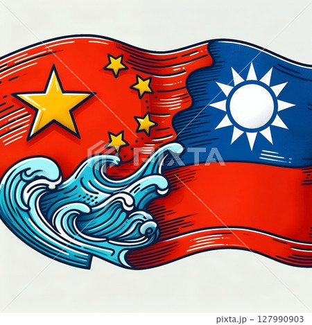 China and Taiwan Conflict Concept Illustration in Political Tension Depicted Through Abstract Flag Art and Waves with Generative AI. 127990903
