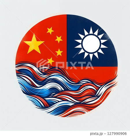 China and Taiwan Conflict Concept Illustration in Political Tension Depicted Through Abstract Flag Art and Waves with Generative AI. China and Taiwan Conflict Concept Illustration in Political Tension Depicted Through Abstract Flag Art and Waves with Generative AI. 127990906