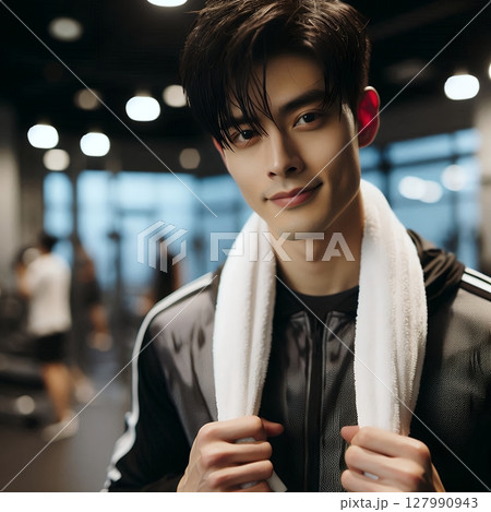 Young Asian Man Smiling in Gym with Towel Over Shoulder for Active Lifestyle and Fitness Motivation with Generative AI. 127990943