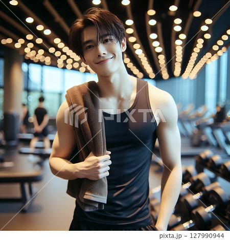 Young Asian Man Smiling in Gym with Towel Over Shoulder for Active Lifestyle and Fitness Motivation with Generative AI. 127990944