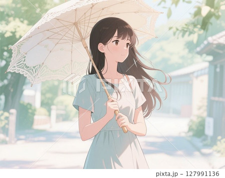 イラスト素材：日傘をさす女性 127991136