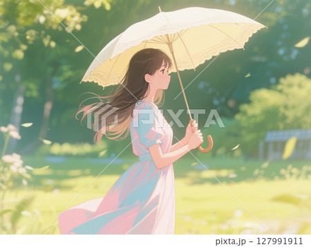 イラスト素材：日傘をさす女性、横向き、緑 127991911