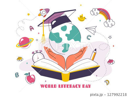 World Literacy Day Vector Illustration on 8th September Featuring Books, Educational Tools, and Learning for an Educational Holiday in a Background World Literacy Day Vector Illustration on 8th September Featuring Books, Educational Tools, and Learning for an Educational Holiday in a Background 127992218