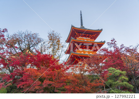 紅葉に包まれた秋の清水寺の三重塔 紅葉に包まれた秋の清水寺の三重塔 127992221