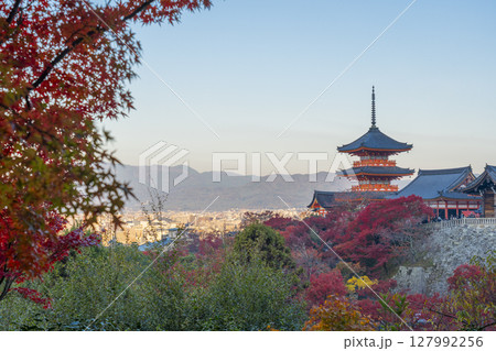 秋の清水寺　三重塔と京都の街並み 127992256