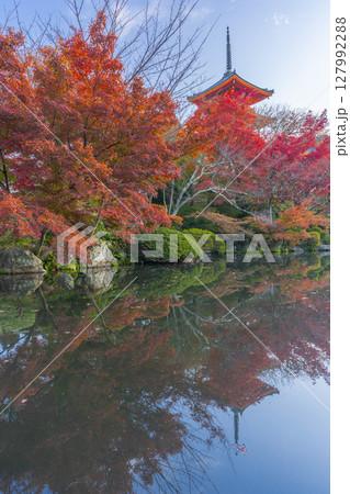 紅葉に包まれた秋の清水寺の三重塔　リフレクション 127992288
