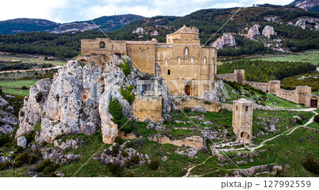 Castillo de Loarre. Spain. Loarre Castle. Drone footage aerial photo. Huesca Castillo de Loarre. Spain. Loarre Castle. Drone footage aerial photo. Huesca 127992559