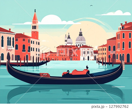 ベネチアの水上ゴンドラのシンプルなイラスト ベネチアの水上ゴンドラのシンプルなイラスト 127992762