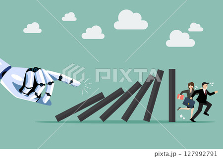 Business people run away from domino effect by Artificial intelligence Business people run away from domino effect by Artificial intelligence 127992791