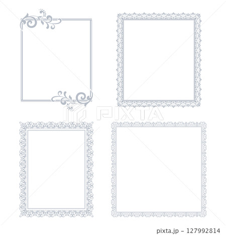 Set of decorative frames Elegant vector element for design in Eastern style, place for text. Floral gray and white borders. Lace illustration for invitations and greeting cards Set of decorative frames Elegant vector element for design in Eastern style, place for text. Floral gray and white borders. Lace illustration for invitations and greeting cards 127992814