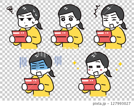 通帳を見ている若い女性の表情のセット 通帳を見ている若い女性の表情のセット 127993027