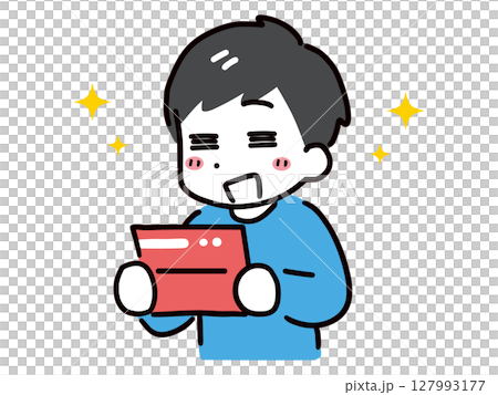 通帳を見て喜ぶ男性 127993177