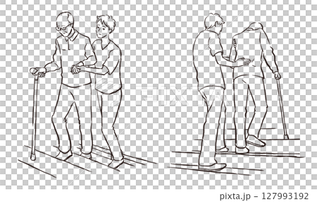 Welfare and nursing care: A young man supporting a senior man with a cane climbing stairs 127993192