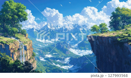 Landscape of mountains and clouds in the blue sky. 3d rendering. 127993568