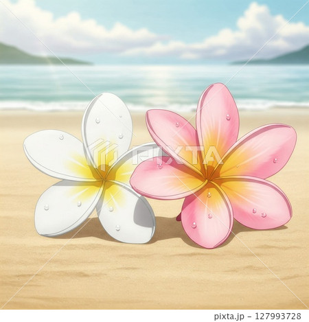 夏のイメージ：砂浜とプルメリア 127993728