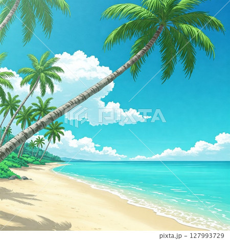 夏のイメージ：青空とヤシの木と砂浜の楽園 127993729